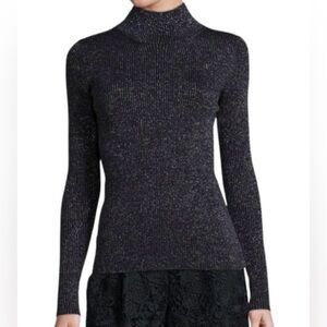 Diane Von Furstenberg Tess Metallic Merino Sparkle Black Ribbed Sweater Sz M